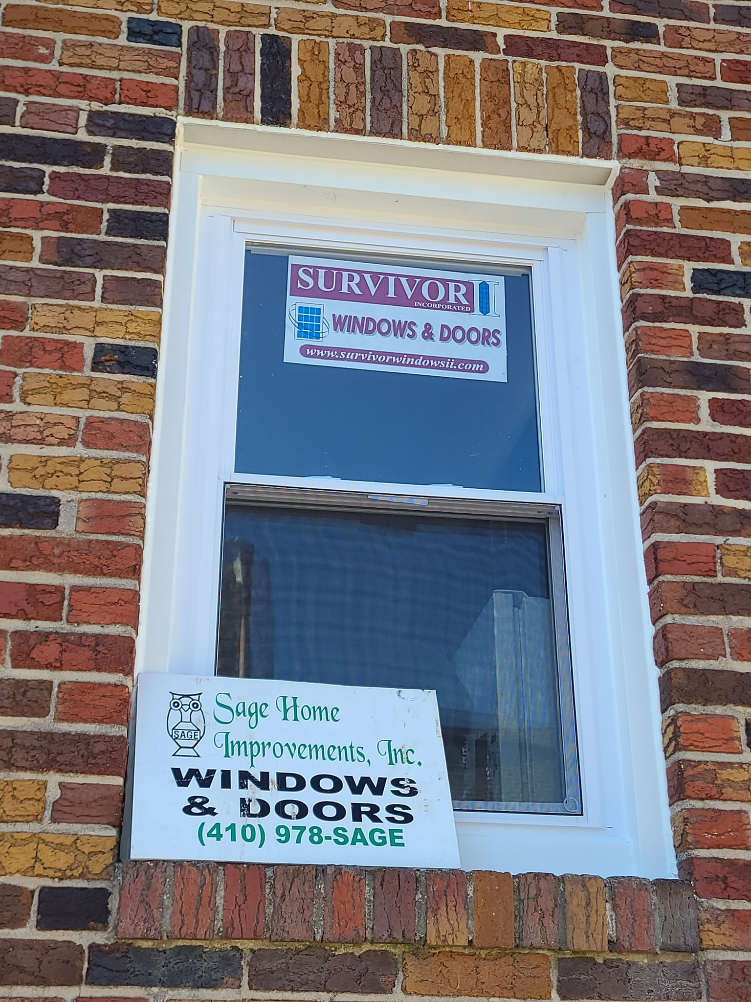 New white double-hung window installed in a multi-tone brick exterior wall